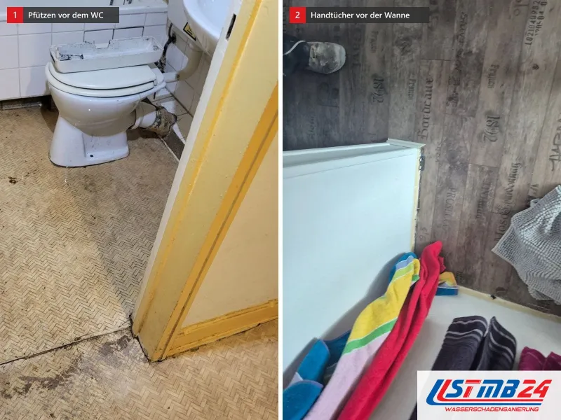Zwei Ansichten: Pfützen vor dem WC auf Kunststoffboden im Flechtmuster, daneben Handtücher vor der Badewanne auf dem Boden mit