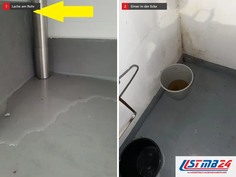 Zwei Ansichten: Wasserlache breitet sich vom Edelstahlrohr über den, daneben Eimer mit braunem Wasser in einer nassen Kellerecke