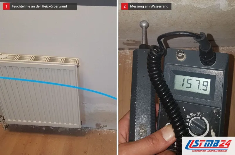 Zwei Bilder: links eine Wand hinter dem Heizkörper mit blauer Feuchtelinie, rechts ein Messgerät mit 157,9 unter einem Wasserrand