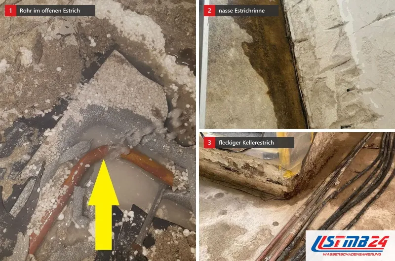 Drei Bilder: ein freigelegtes Kupferrohr in nasser Schüttung mit gelbem Pfeil, eine nasse Estrichrinne und ein fleckiger Kellerestrich mit Rohren
