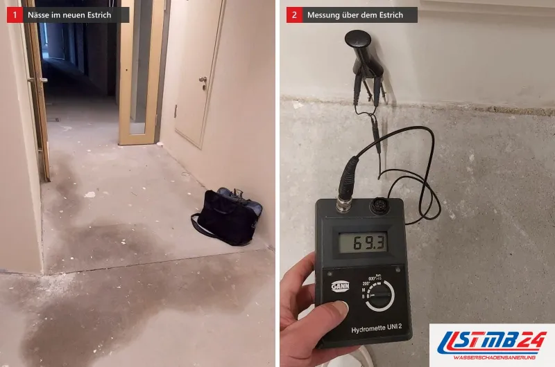 Zwei Bilder: links dunkle Nässeflecken auf frischem Estrich in einem Flur, rechts ein Messgerät mit Elektroden an der Wand darüber