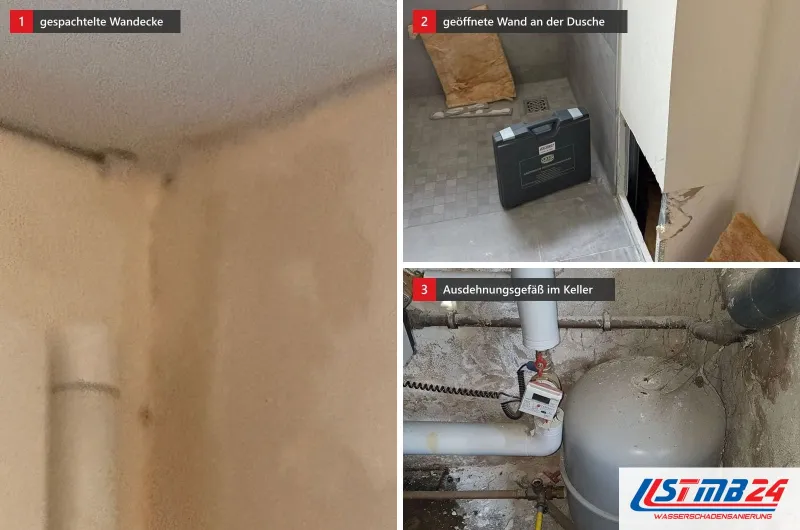 Drei Bilder: eine frisch gespachtelte Wandecke, eine unten geöffnete Duschwand mit Messkoffer und ein alter Heizungskeller mit Ausdehnungsgefäß