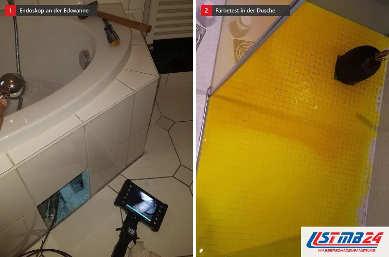 Zwei Bilder: links ein Endoskop vor einer geöffneten Eckwanne, rechts gelb gefärbtes Wasser auf dem Mosaikboden einer Dusche