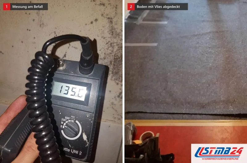 Zwei Bilder: links ein Messgerät mit 135,0 vor einer Wand mit dunklen Flecken, rechts graues Schutzvlies auf dem Boden, vorn roter Belag