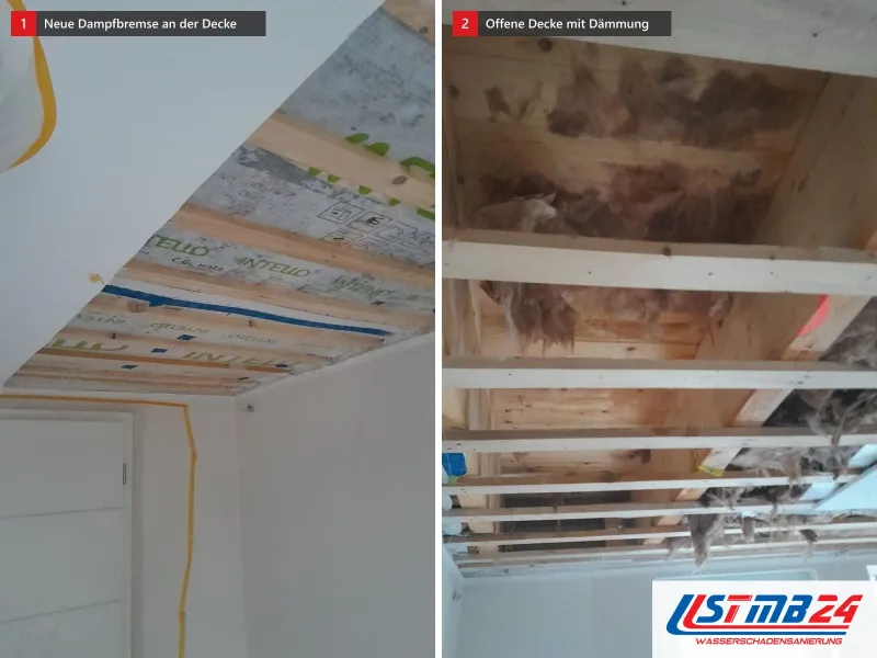 Zwei Ansichten: Decke mit neuer Dampfbremse und Lattung vor dem Beplanken, daneben offene Decke mit Lattung und Dämmung