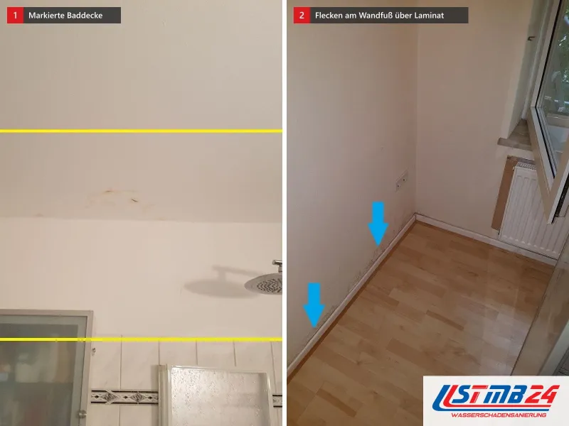 Zwei Ansichten: Baddecke über einer Regendusche gelb eingerahmt, daneben Zimmer mit Laminat und Heizkörper, blaue Pfeile auf dunkle Flecken am Wandfuß