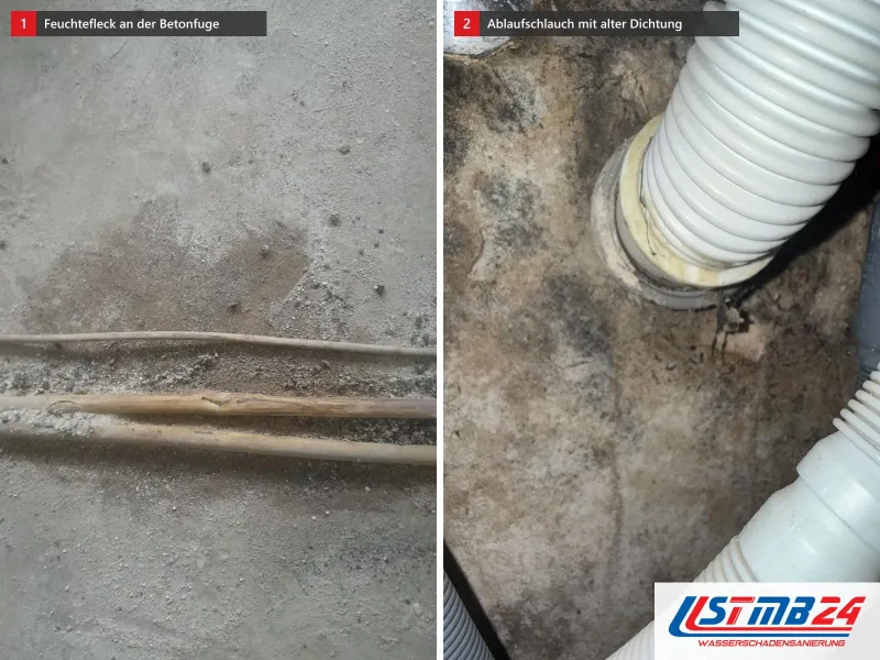 Zwei Ansichten: Betonboden mit Fuge und Feuchtefleck, daneben Ablaufschlauch in einem grauen Abflussrohr mit vergilbter Dichtung