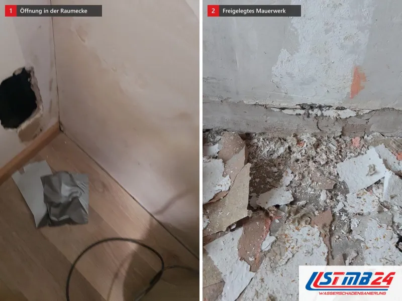 Zwei Ansichten: Raumecke mit Öffnung in der Wand und Folie am Boden, daneben Wand mit abgeplatzter Farbe, Mauerwerk und Schutt