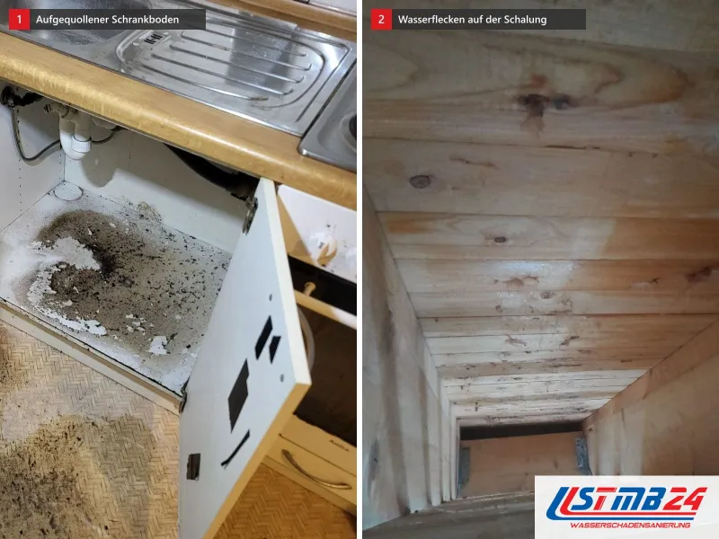 Zwei Ansichten: Spülenunterschrank mit aufgequollenem Boden und Siphon über altem Vinylboden, daneben Holzschalung mit Wasserflecken