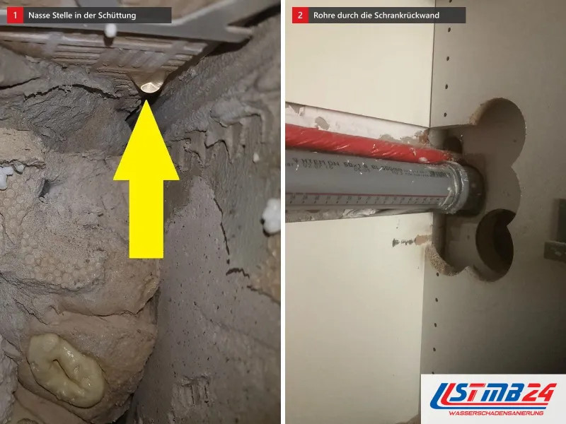 Zwei Ansichten: Hohlraum mit Schüttung und gelbem Pfeil auf die nasse Stelle, daneben Schrankrückwand mit Durchführung für zwei Rohre