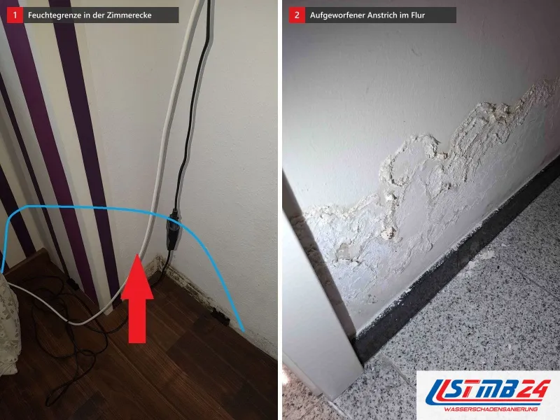 Zwei Ansichten: Zimmerecke mit Laminat und gestreifter Tapete mit blauer Feuchtegrenze, daneben Flurwand mit aufgeworfenem Anstrich über der Leiste