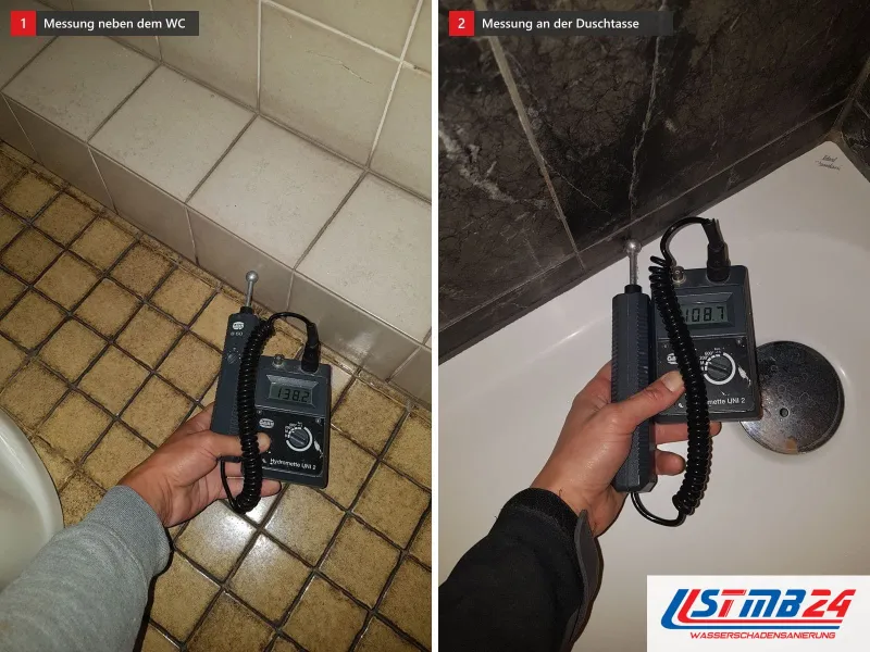 Zwei Ansichten: Messgerät auf den Fliesen neben einem WC, daneben Messgerät an einer Duschtasse vor dunklen Fliesen
