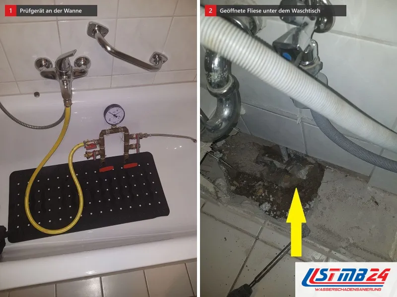 Zwei Ansichten: Badewanne mit Prüfgerät und gelbem Schlauch auf der Wannenmatte, daneben geöffnete Fliese unter einem Waschtisch mit gelbem Pfeil