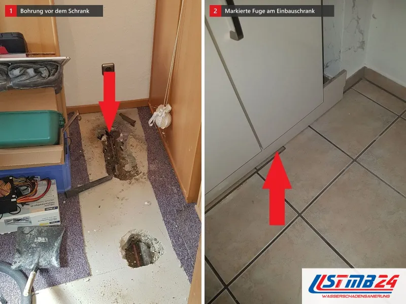 Zwei Ansichten: Bohrung im Fliesenboden vor einem Schrank mit rotem Pfeil, daneben Fliesenboden mit rotem Pfeil auf die Fuge vor einem Einbauschrank