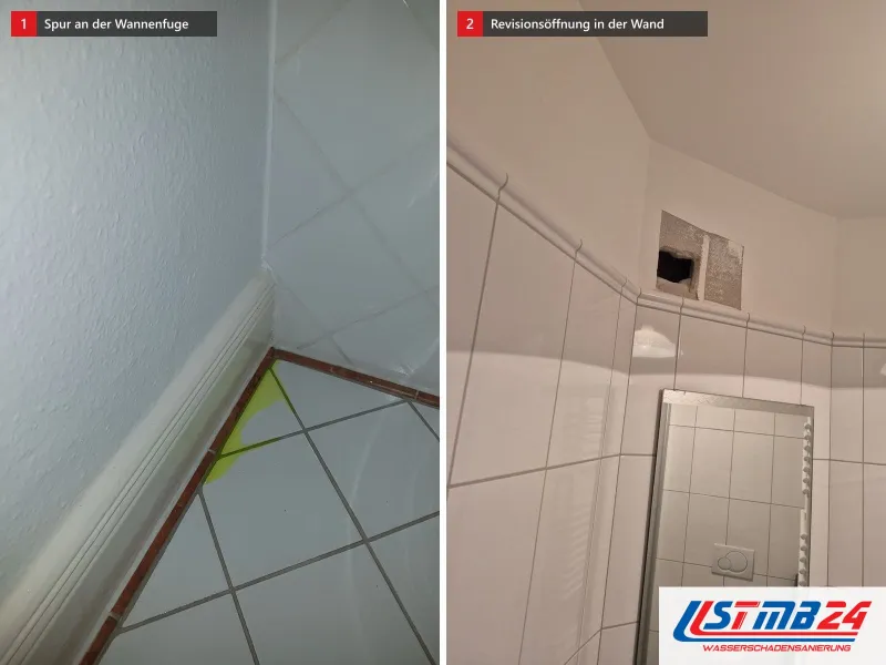 Zwei Ansichten: Fliesenboden an der Wanne mit gelblicher Spur an der Fuge, daneben Revisionsöffnung in einer Fliesenwand
