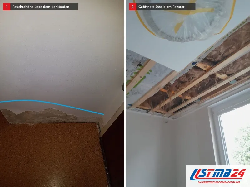 Zwei Ansichten: Korkboden vor einer Wand mit abgeplatztem Putz und blauer Linie, daneben am Fenster geöffnete Decke mit Lattung und Dampfbremse