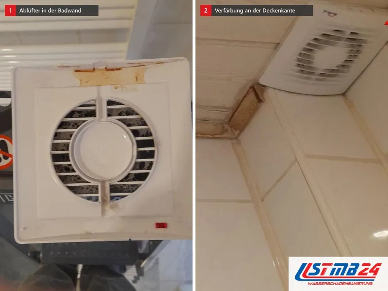 Zwei Ansichten: Ablüfter in einer Badwand aus der Nähe, daneben Deckenkante im Bad mit Verfärbung neben dem Lüfter
