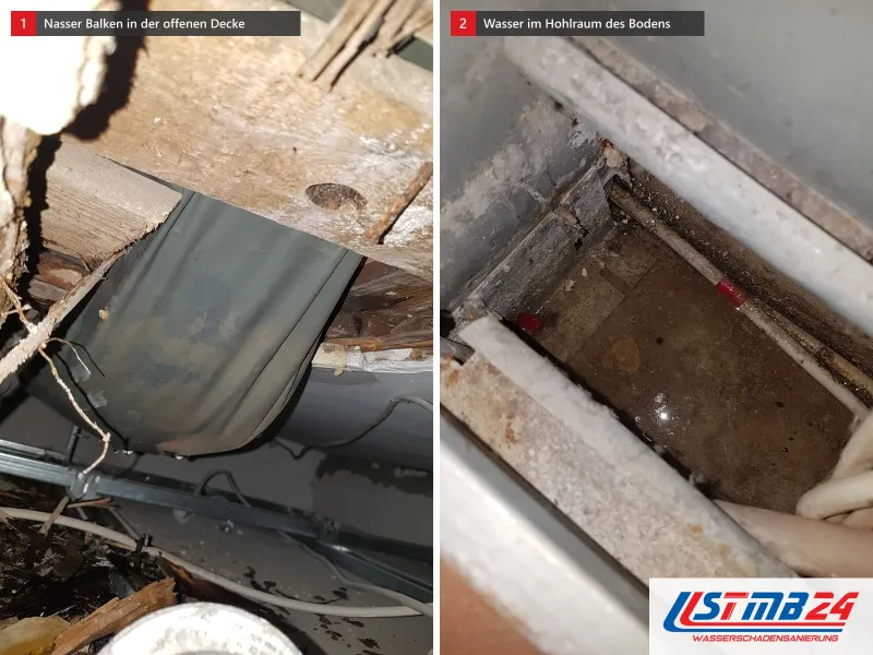 Zwei Ansichten: geöffnete Decke mit nassem Holzbalken, Dampfbremsfolie und Kabeln, daneben geöffneter Boden mit Wasser im Hohlraum zwischen Rohren