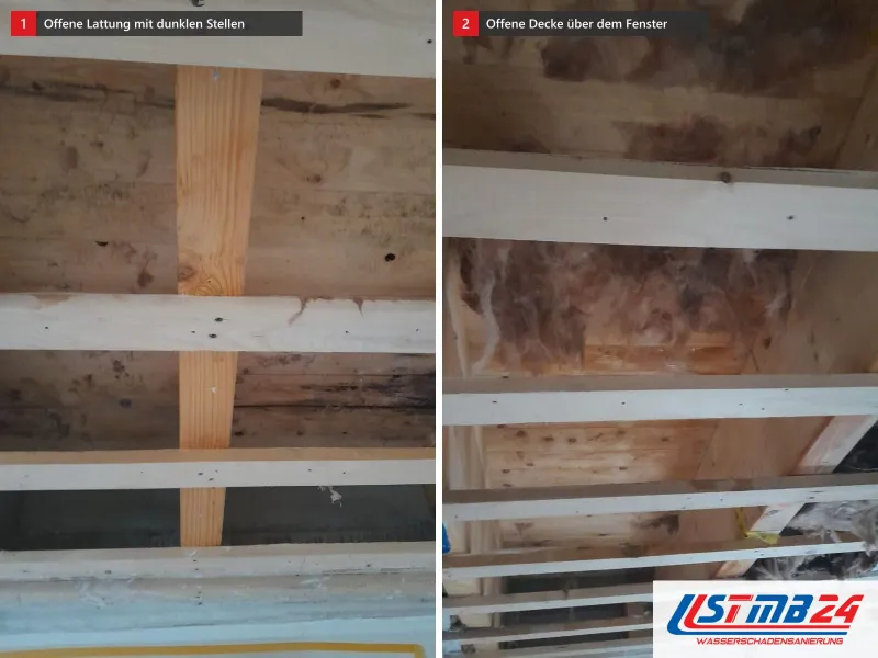 Zwei Ansichten: Holzschalung mit offener Lattung und dunklen Stellen, daneben geöffnete Decke mit Lattung über einem Fenster
