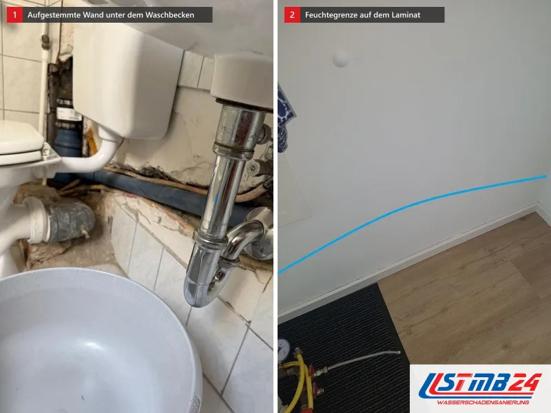 Zwei Ansichten: aufgestemmte Wand unter einem Waschbecken mit freien Rohren, daneben Laminat mit blauer Feuchtegrenze und Prüfarmatur auf der Fußmatte
