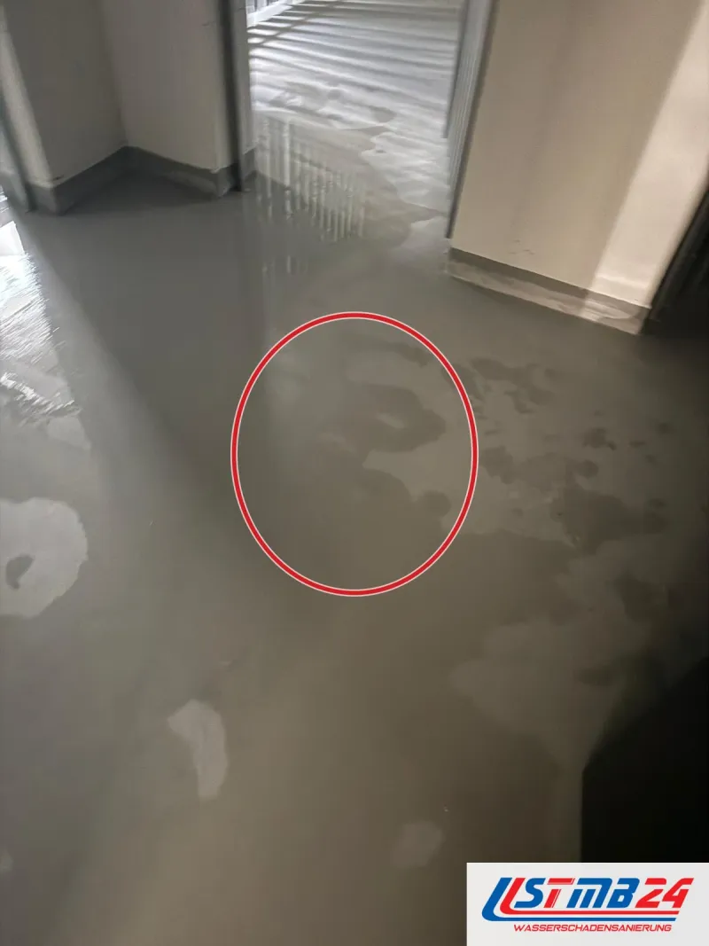 Wasser steht in Flecken und Lachen auf dem grauen Estrich bis in die Nebenräume, ein roter Kreis markiert die Stelle