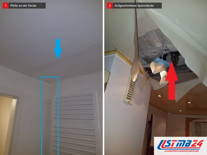 Zwei Ansichten: Handtuchheizkörper mit blauen Pfeilen an der Decke, daneben aufgeschnittene Spanndecke mit Rohren dahinter, roter Pfeil auf das Rohr