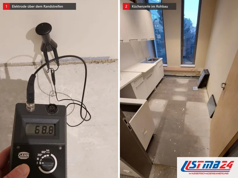 Zwei Ansichten: Einschlagelektrode in der Wand über dem Randstreifen mit Anzeige 68,8, daneben Küchenzeile im Neubau ohne Fronten