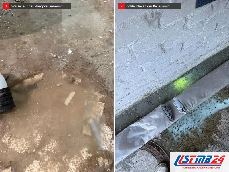 Zwei Ansichten: aufgenommener Estrich mit braunem Wasser auf der Styropordämmung und Saugschlauch, daneben Kellerwand mit Lüftungsschläuchen am Boden