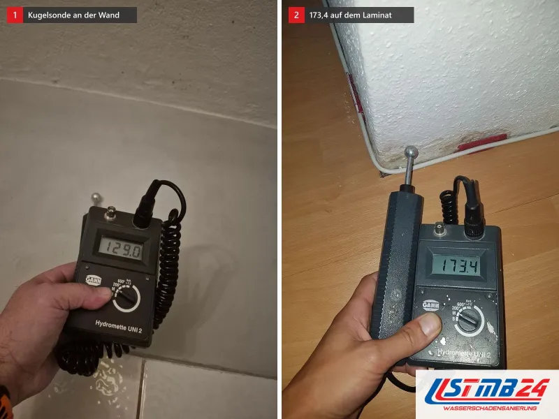 Zwei Ansichten: Kugelsonde an einer hellen Wand über weißen Bodenfliesen mit Anzeige 129,0, daneben Feuchtemessgerät mit 173,4 auf Laminat an der Wand