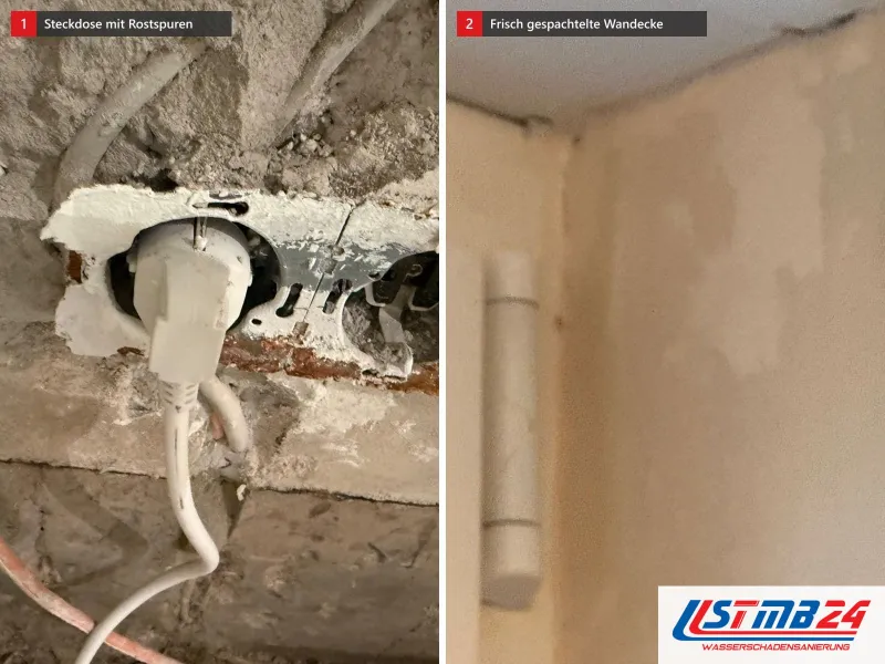 Zwei Ansichten: Doppelsteckdose mit Rostspuren in einer feuchten Wand neben einer offenen Dose, daneben Wandecke mit frisch gespachtelten Flächen