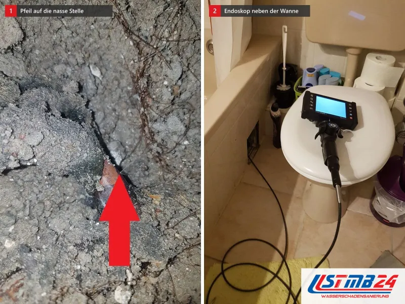 Zwei Ansichten: aufgebrochener Boden mit rotem Pfeil auf die nasse Stelle, daneben Endoskop auf dem WC-Deckel neben einer Wanne