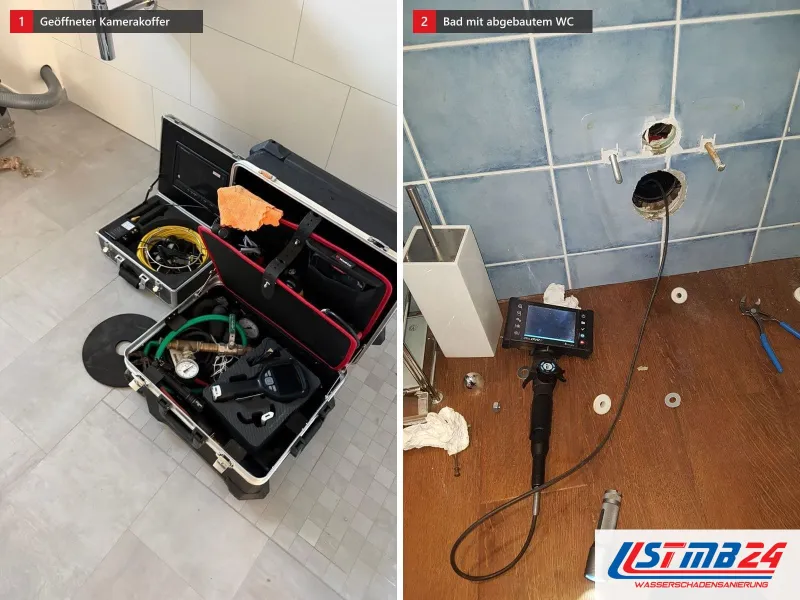 Zwei Ansichten: geöffneter Kamerakoffer auf dem Fliesenboden, daneben blau gefliestes Bad mit abgebautem WC und Endoskop am Boden
