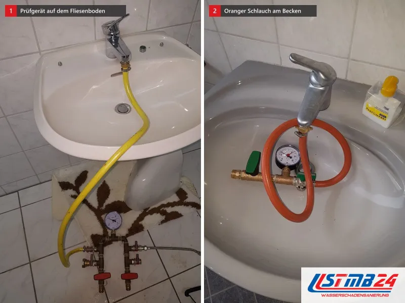 Zwei Ansichten: Waschbecken mit Schlauch zu einem Prüfgerät auf dem Fliesenboden, daneben Waschbecken mit orangem Schlauch und Prüfgerät