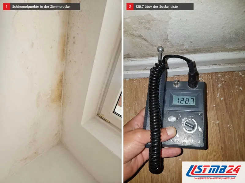 Zwei Ansichten: Zimmerecke neben einem Fenster mit einer Bahn grauer Schimmelpunkte, daneben Feuchtemessgerät mit 128,7 über der Sockelleiste