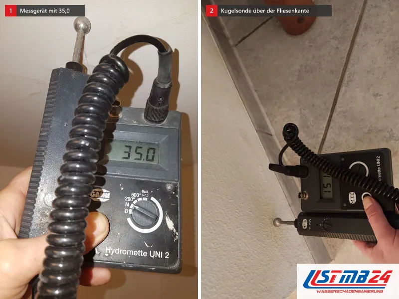 Zwei Ansichten: Messgerät mit Anzeige 35,0 aus der Nähe, daneben Hydromette mit Kugelsonde an der Wand dicht über der Fliesenkante