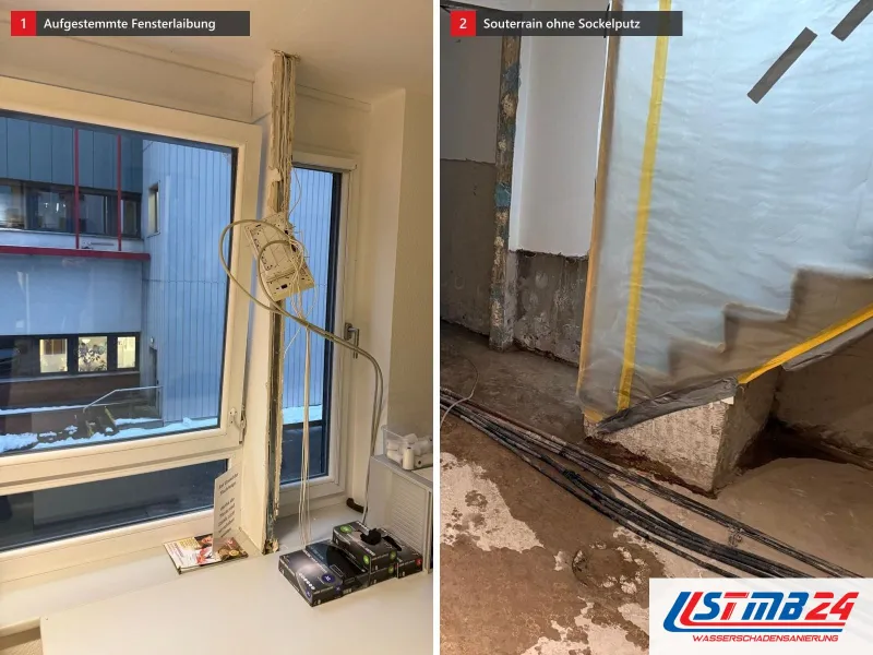 Zwei Ansichten: aufgestemmte Fensterlaibung in einem Büro mit hängender Unterputzdose, daneben Souterrain mit abgeschlagenem Sockelputz und Kabeln