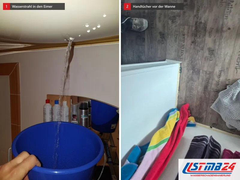 Zwei Ansichten: Wasser läuft als Strahl aus einer Zimmerdecke in einen blauen Eimer, daneben Handtücher auf dem Boden vor einer Badewanne