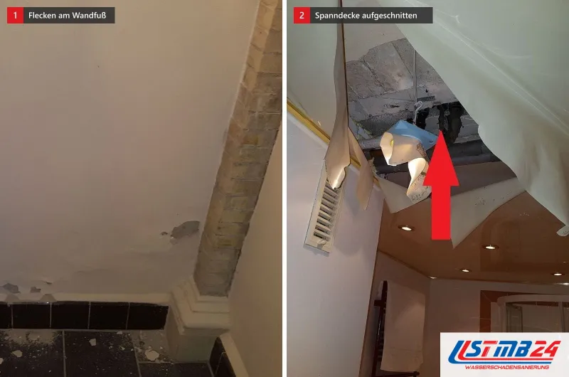 Zwei Bilder: links fleckiger Putz über dunklen Bodenfliesen, rechts eine aufgeschnittene Spanndecke, ein roter Pfeil zeigt auf die Leitung dahinter