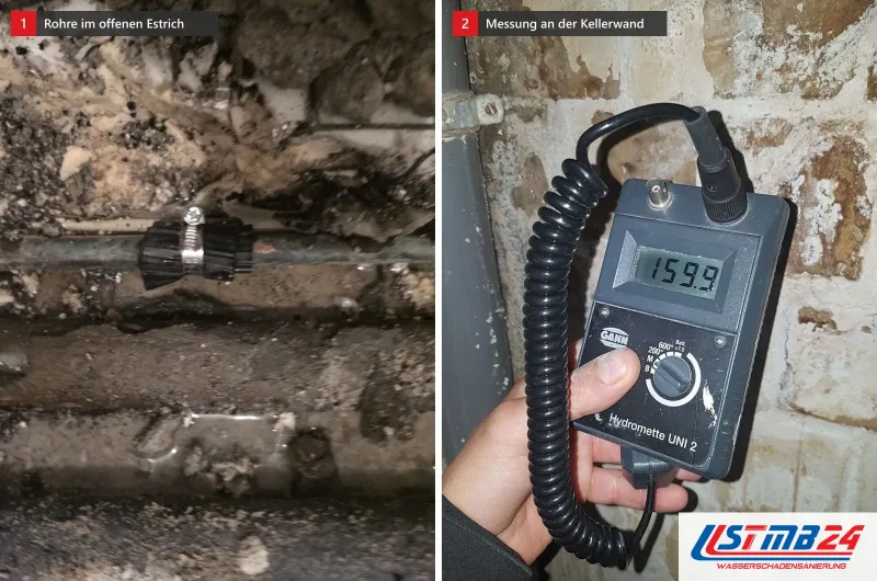 Zwei Bilder: links Rohre mit Schelle in aufgestemmtem, nassem Estrich, rechts ein Messgerät mit 159,9 an einer Kellerwand mit Ausblühungen