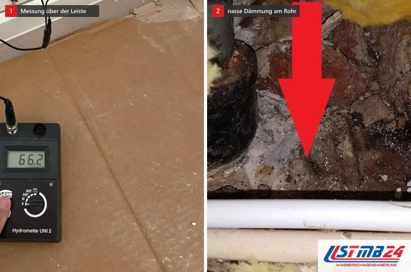 Zwei Bilder: links ein Messgerät mit 66,2 auf Pappe vor der Sockelleiste, rechts ein roter Pfeil auf nasse Dämmung an Rohren
