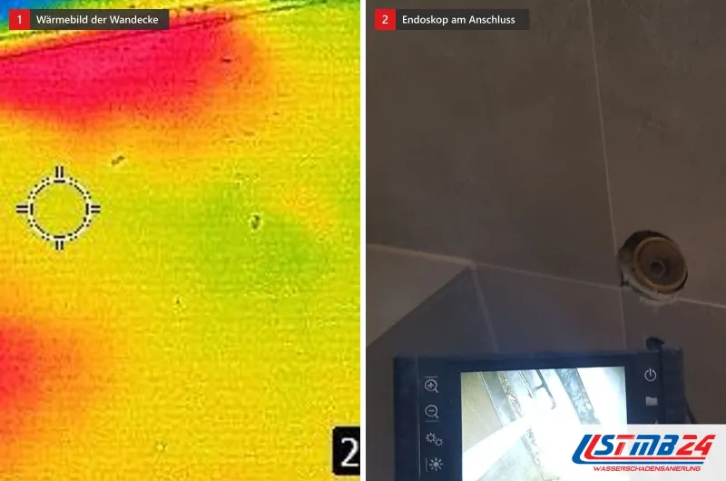 Zwei Bilder: links ein Wärmebild mit warmer Zone an einer Wandecke, rechts ein Endoskop vor einem Anschluss in der Fliesenwand