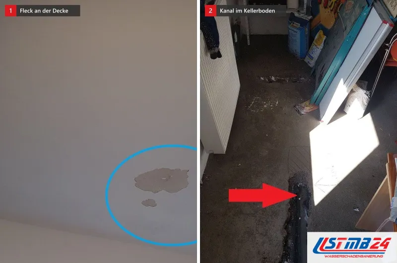 Zwei Bilder: links ein blau umkreister Wasserfleck an einer hellen Zimmerdecke, rechts ein offener Kanal im Kellerboden mit rotem Pfeil