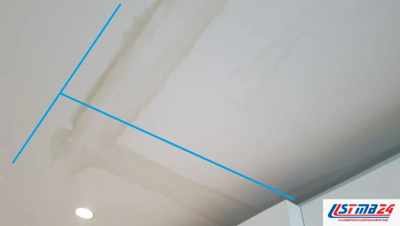 Zimmerdecke mit gelblichen Wasserrändern, zwei blaue Linien grenzen die nasse Fläche ein, unten ein Einbaustrahler