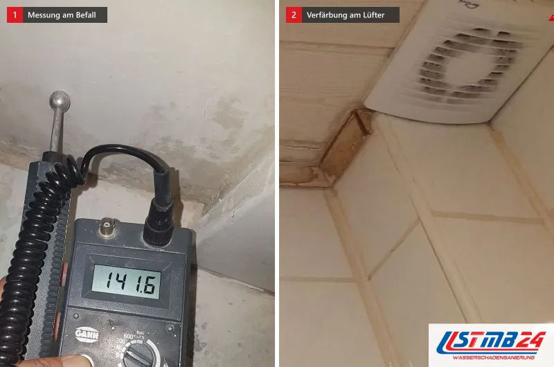 Messwert 141,6 vor einer fleckigen Wand und daneben eine verfärbte Deckenkante im Bad am Lüftungsgitter, zwei Bilder in einem