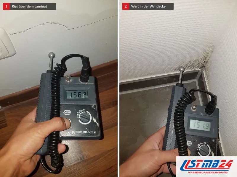 Zwei Ansichten: Messgerät mit Anzeige über dem Laminat und ein Riss in der Wand, daneben Messgerät in einer Wandecke