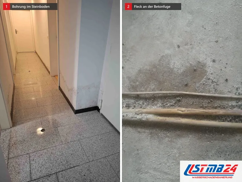 Zwei Ansichten: Flur mit Steinboden und einer Bohrung im Boden, daneben Betonboden mit Fuge und Feuchtefleck