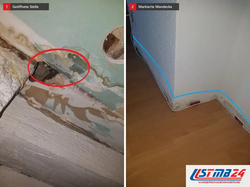 Zwei Ansichten: geöffnete Stelle an einer grünen Wand mit rotem Kreis, daneben Wandecke mit blauer Linie über dem Laminat