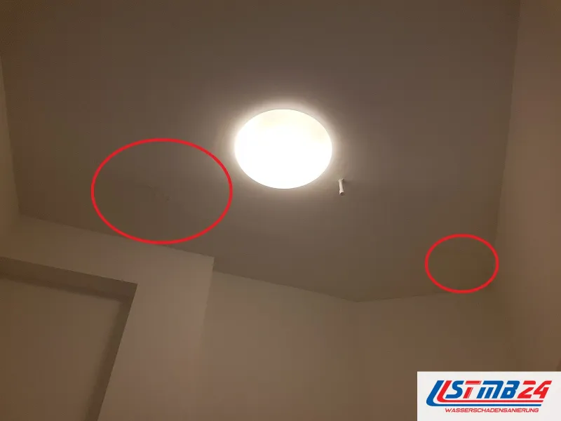 Zimmerdecke mit runder Leuchte, zwei rote Kreise markieren feuchte Stellen neben der Lampe und in der Ecke zur Wand