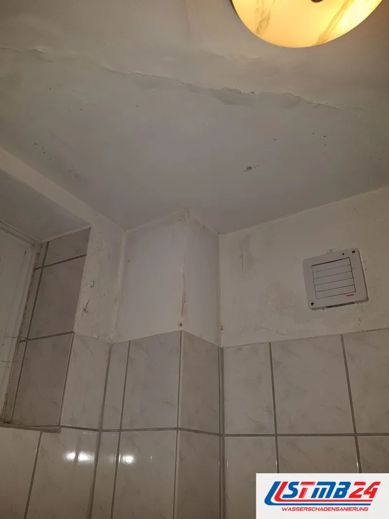 Baddecke mit abgeplatztem Anstrich und Rissen über weißen Wandfliesen, rechts ein Lüftungsgitter, oben eine Deckenleuchte