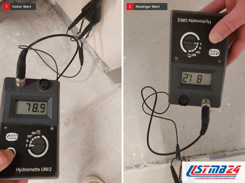Zwei Messungen mit der Hydromette UNI 2 auf rohem Estrich: links zeigt das Gerät 78,9, rechts 21,8